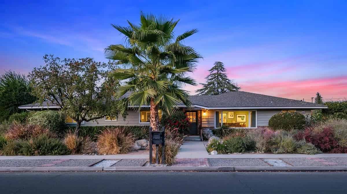a home with a palm tree in front of it