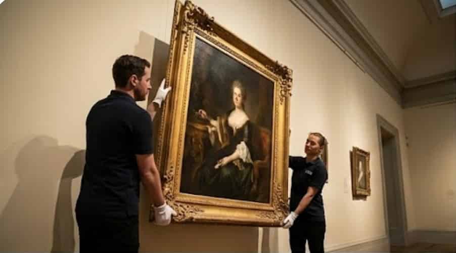 people moving a painting