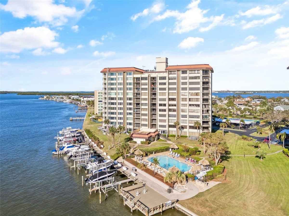 a view of the marina resort from the water